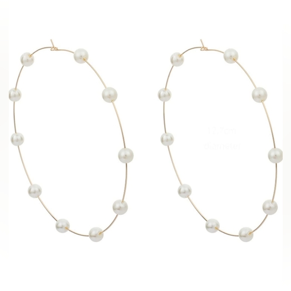 Big Pearl Accent Gold Hoops Thin Oversized Hoop Statement Earrings Bohemian Boho - Picture 3 of 7